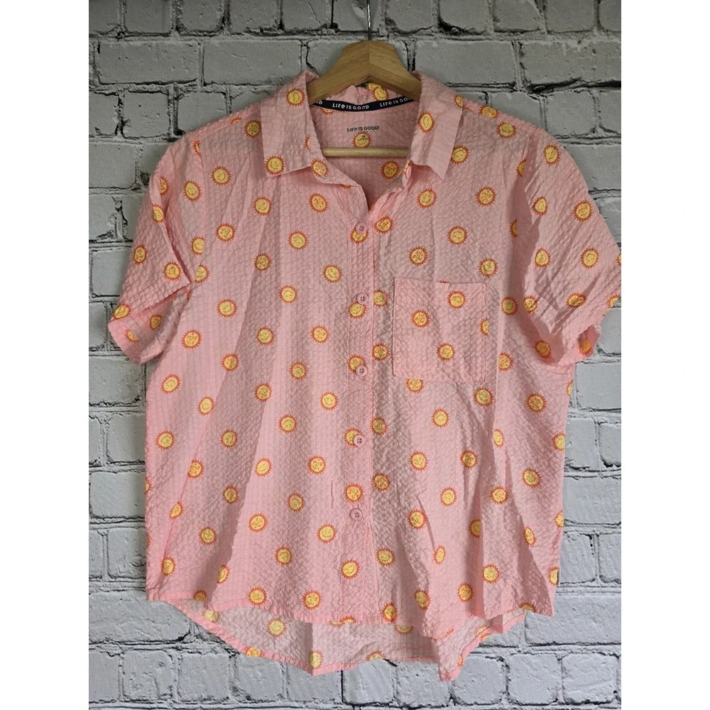 Life Is Good Sleep Cotton Blend Sunshine Smiling Sun Graphic Print Button Up Top - Picture 1 of 10